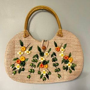 Vintage Raffia Floral Bag